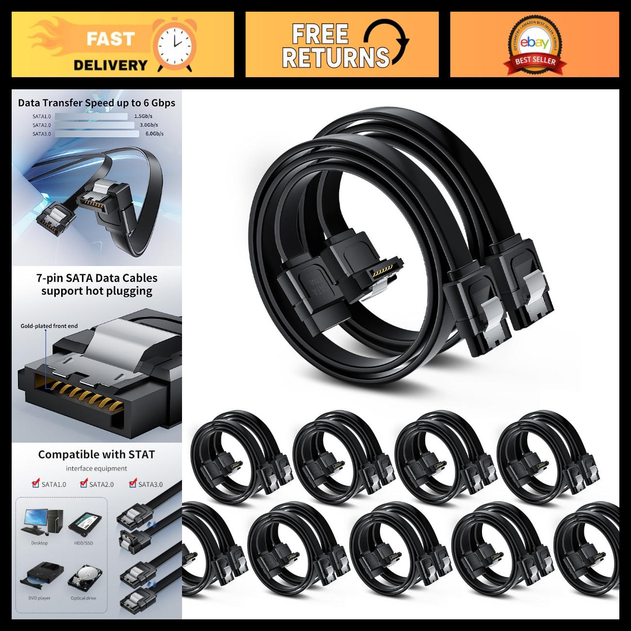 20-Pack SATA III Cable Set - 10 Straight & 10 Right Angle Connectors, High-Speed