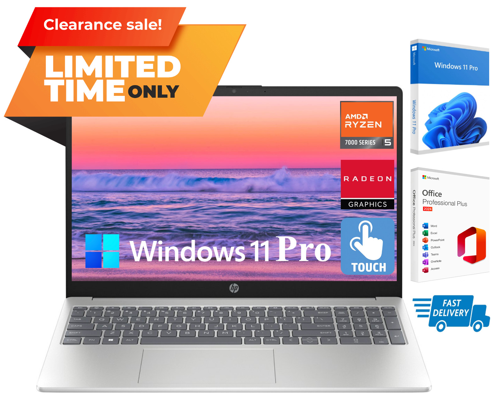 NEW HP Laptop Notebook 15.6" Touch, Office 2024 AMD Ryzen 5, 8GB RAM & 256GB SSD