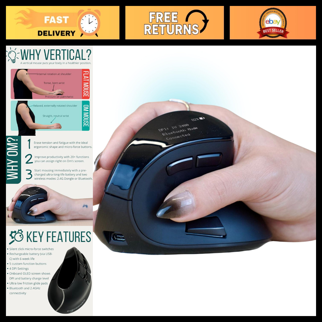 Wireless Vertical Ergonomic Mouse - Bluetooth & 2.4G, Rechargeable, Optical, 4 D