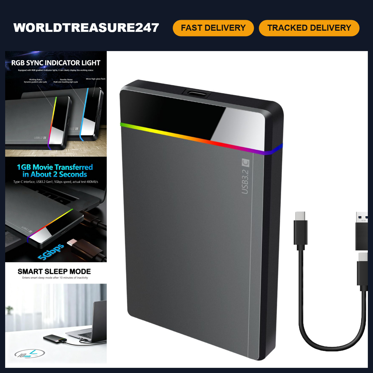 500GB Ultra Slim Portable External Hard Drive USB 3.0 Type-C, Lightweight HDD