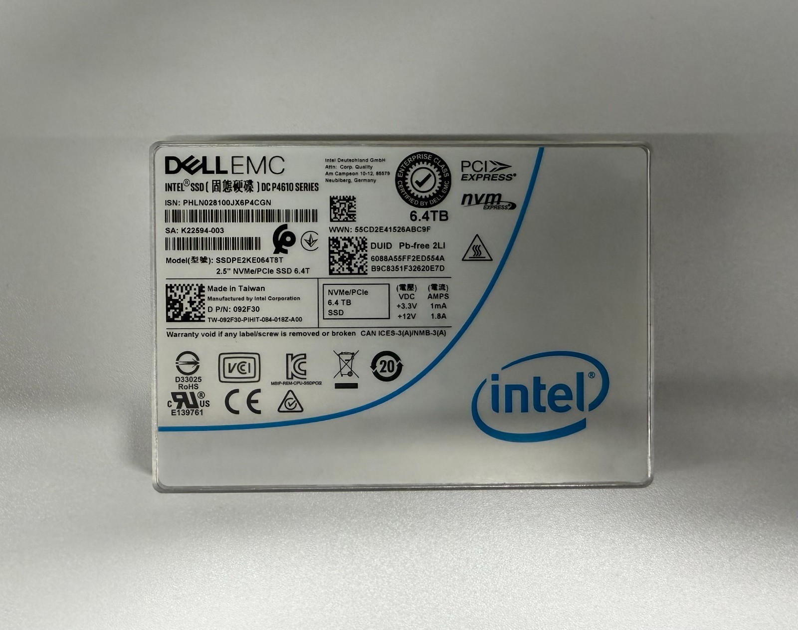 92F30 DELL INTEL 6.4TB NVME 2.5" SFF SOLID STATE DRIVE SSDPE2KE064T8T