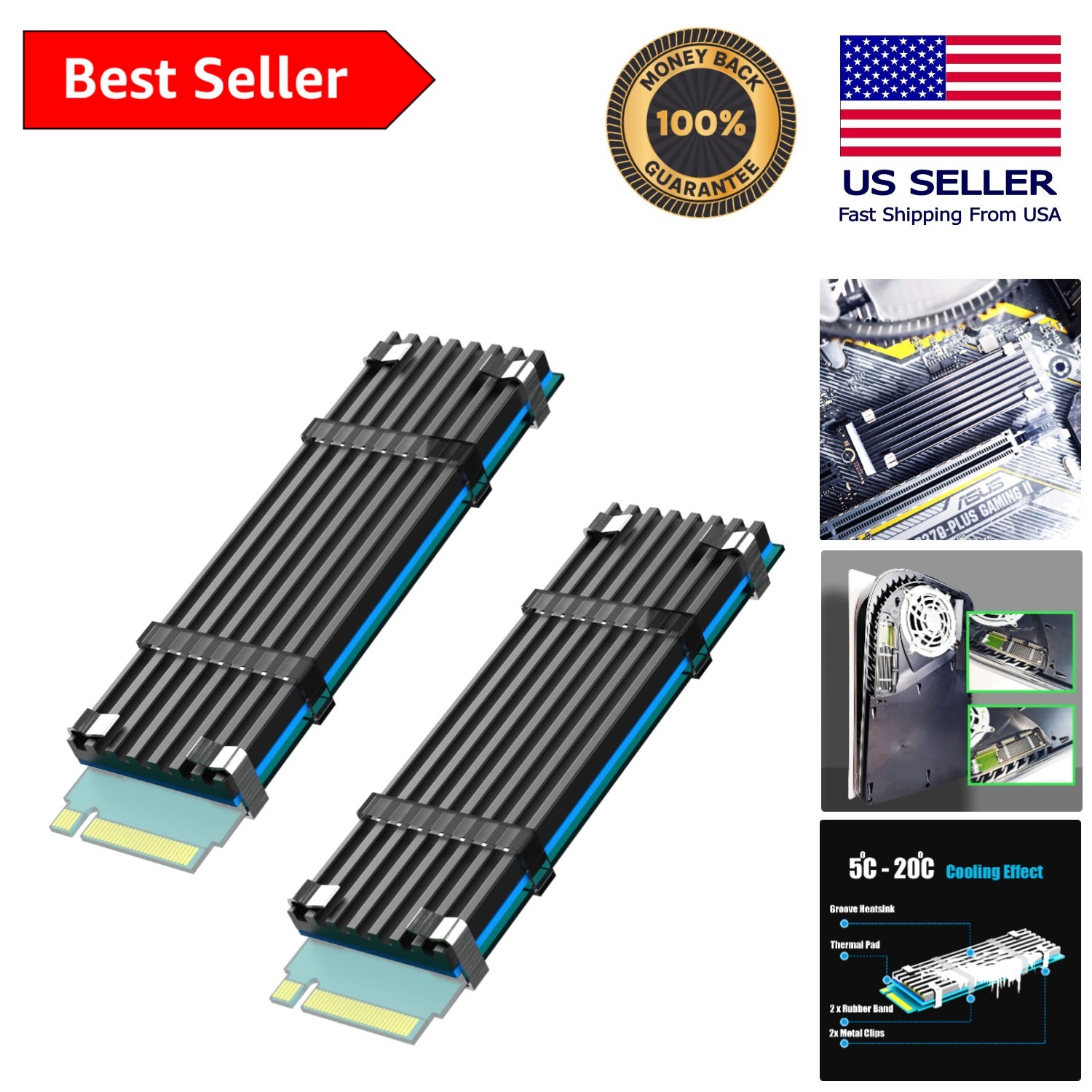 2-Pack M.2 Heatsink Kits for Efficient 2280 SSD Cooling - 5-20°C Effect