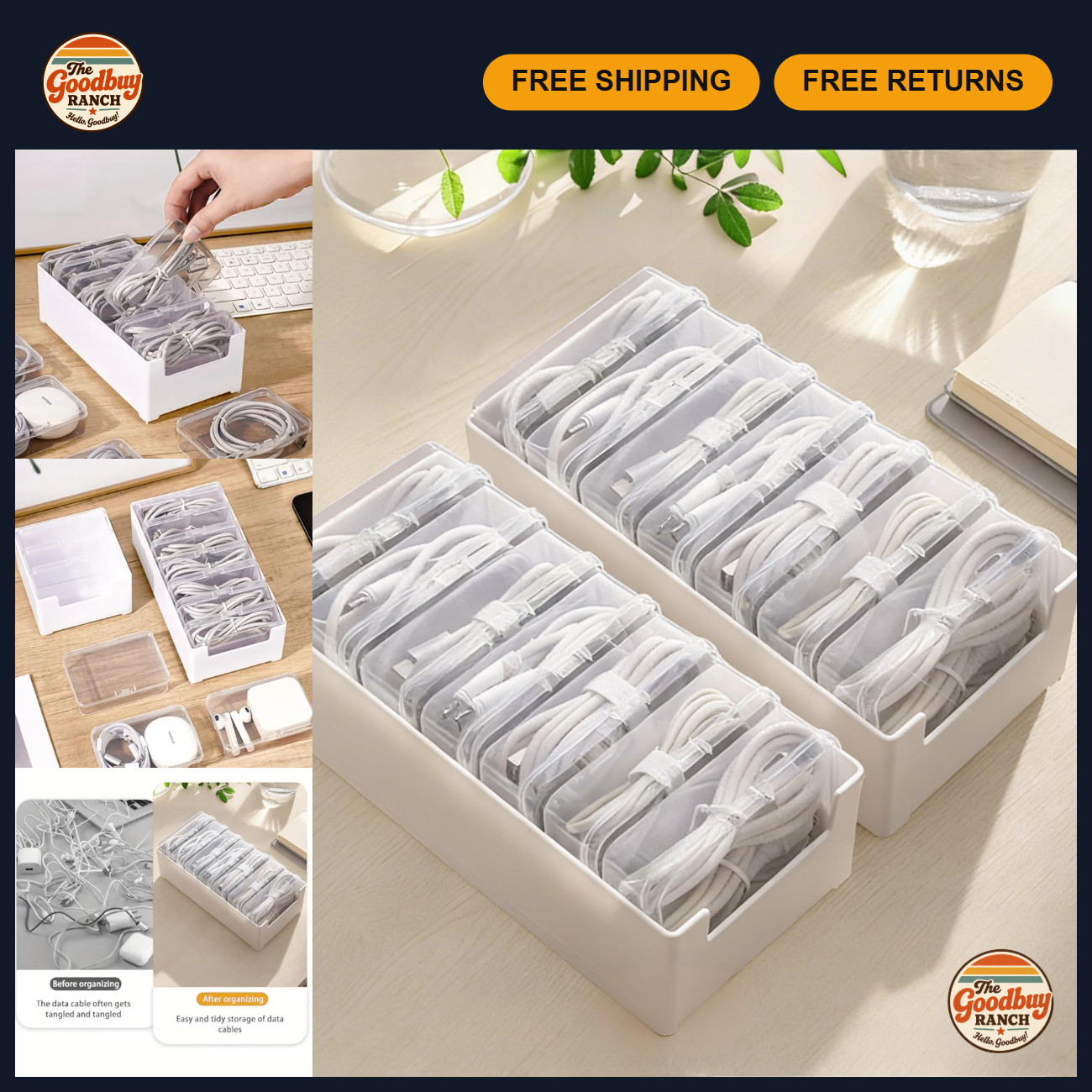 2 PCS Cable Organizer Box with 7 Clear Switch Cases - Desktop Cord Storage for H
