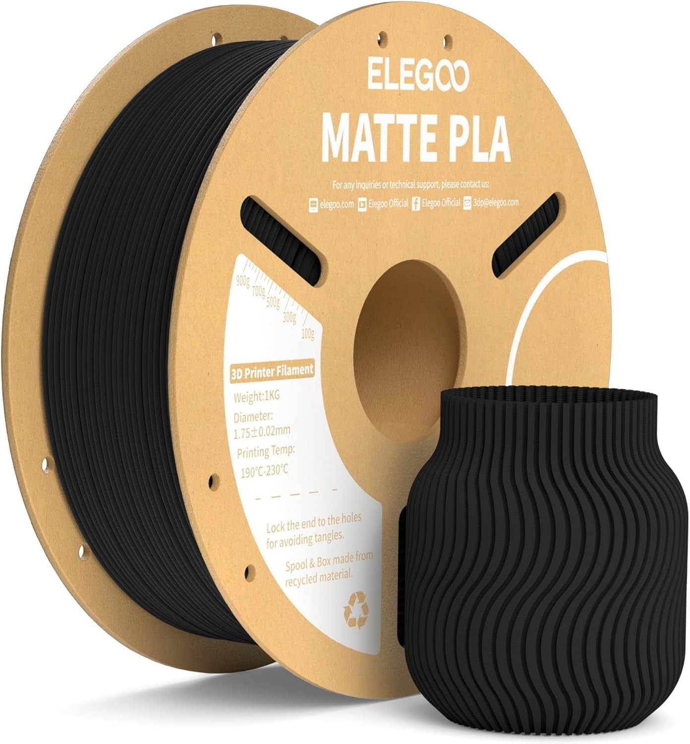 ELEGOO Matte PLA Filament Matte Black 1KG, 1.75mm 3D Printer Filament Dimensiona