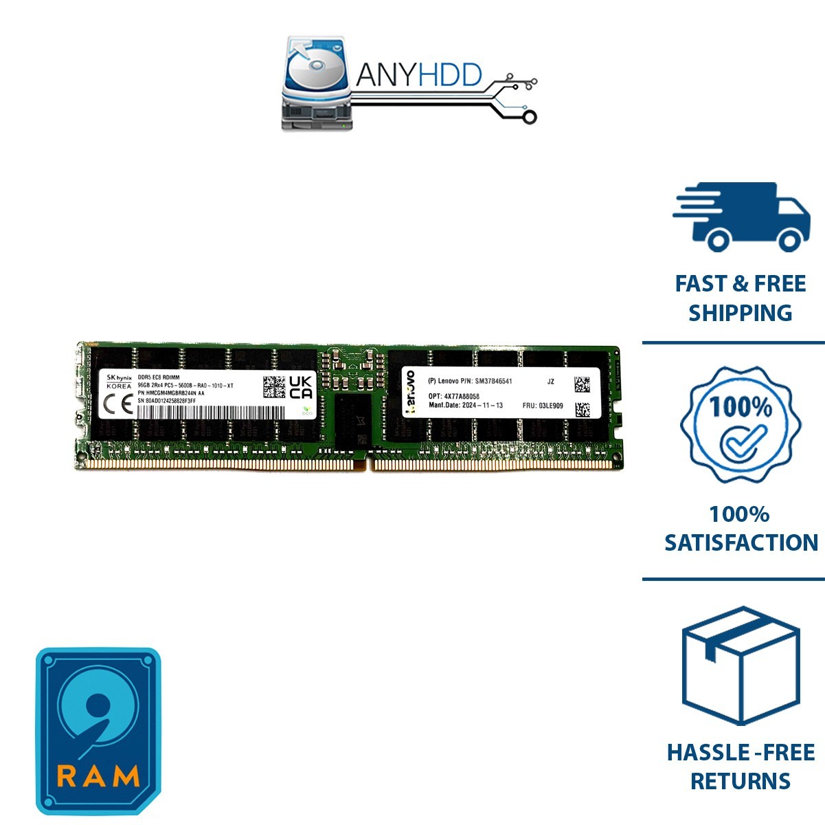 Lenovo SK hynix 96GB DDR5-5600 ECC RDIMM RAM 2Rx4 HMCGM4MGBRB244N FRU 03LE909