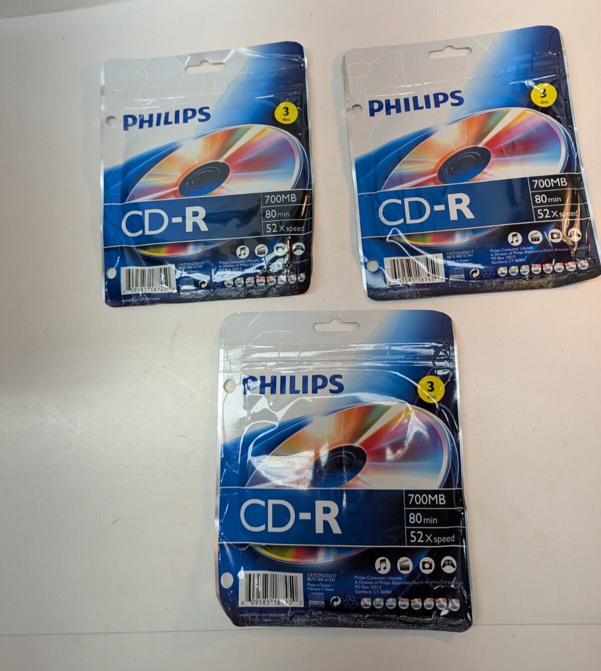 LOT OF 3 Philips CD-R 700MB 80min 52x Speed DISCS 80 Minutes 3 Pcs Compact Disc