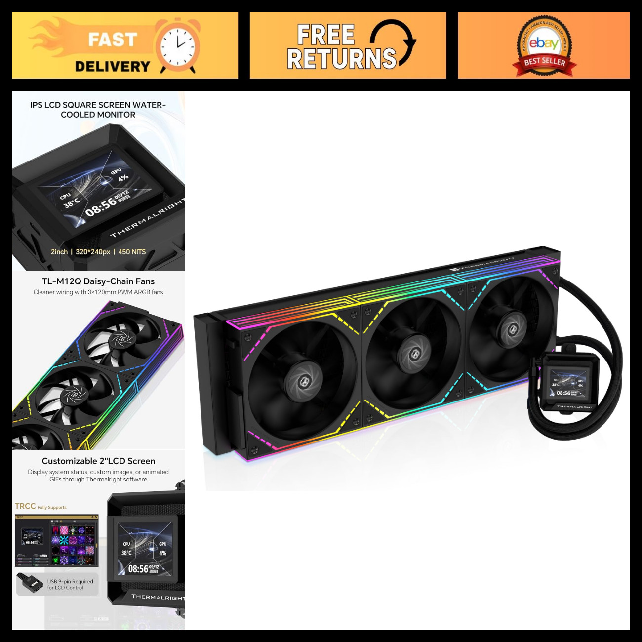 360mm AIO Liquid CPU Cooler with ARGB Lighting & 2" LCD Screen - High Performanc