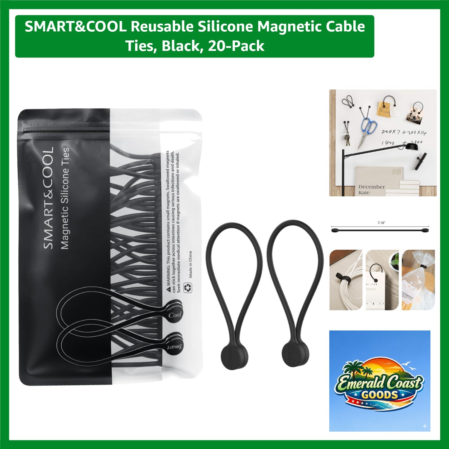 20-Pack Reusable Silicone Magnetic Cable Ties - Elegant Black Organization