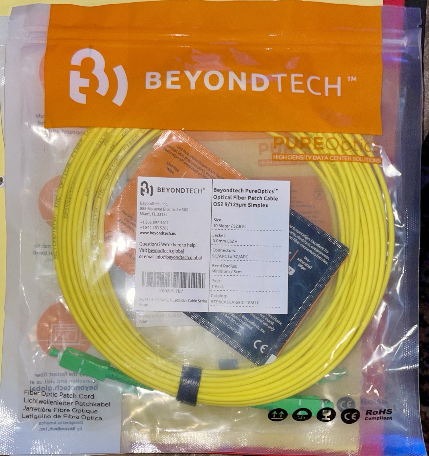 BeyondTech SC/APC to SC/APC Fiber Optic Patch Cable SingleMode 3mm LSZH 10meters