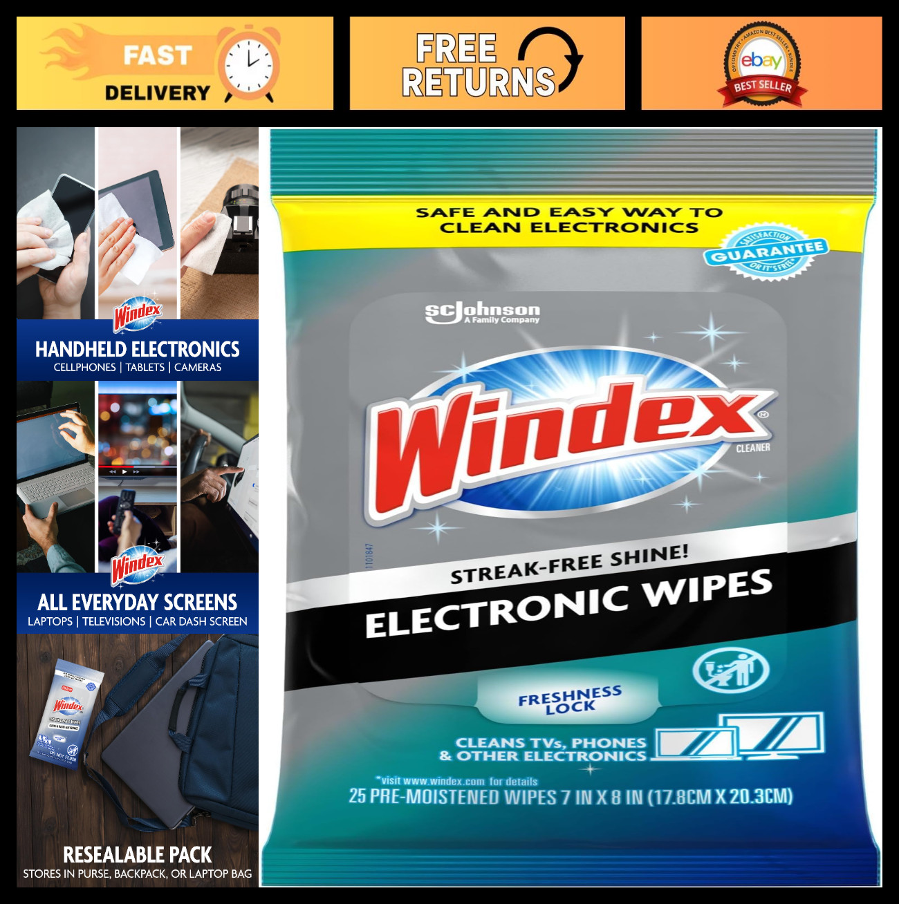 Pre-Moistened Electronic Cleaning Wipes for TVs, Phones & Screens - 25 Count, Re