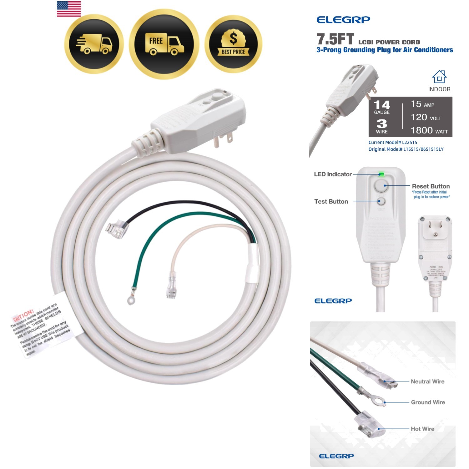 0651515LY L15515 L22515 14AWG LCDI Power Cord Plug for A/C Air Conditioner, E...