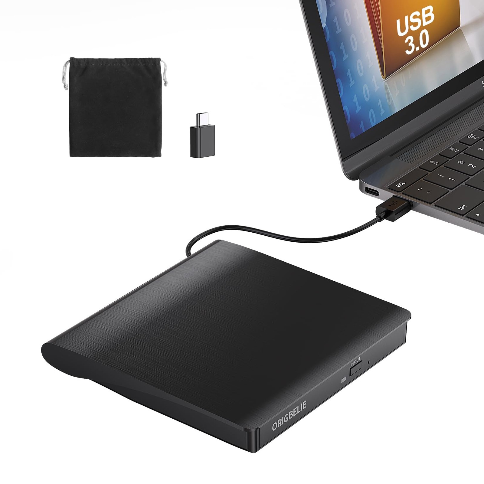 ORIGBELIE External CD/DVD Drive for Laptop, USB 3.0 CD Burner Standard, Black