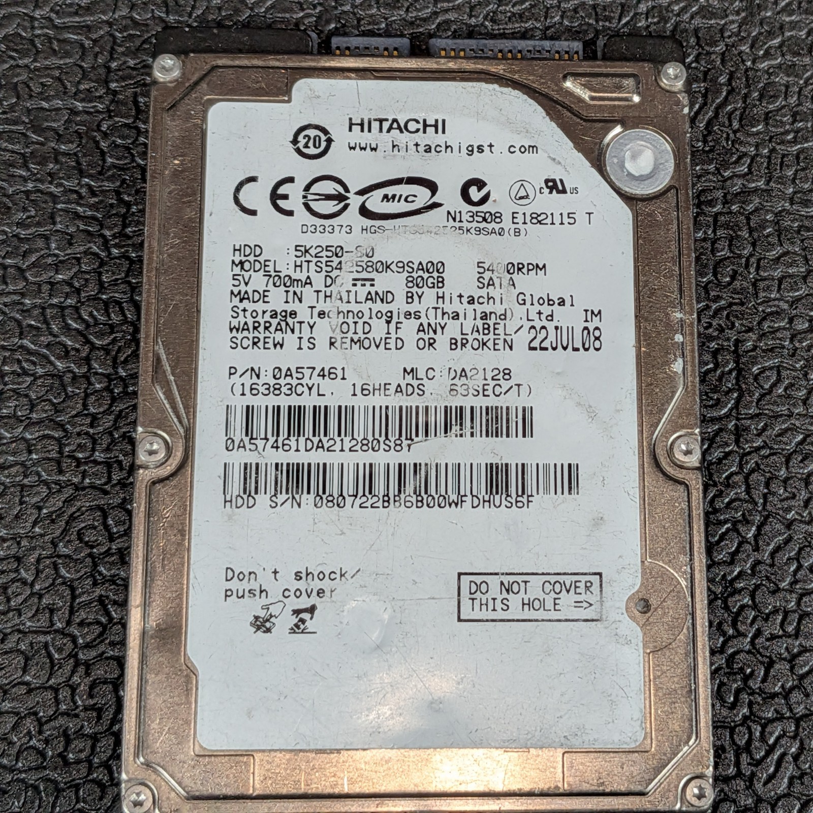 Hitachi Travelstar 5K250 80GB 2.5" SATA Hard Drive - HTS542580K9SA00 - TESTED