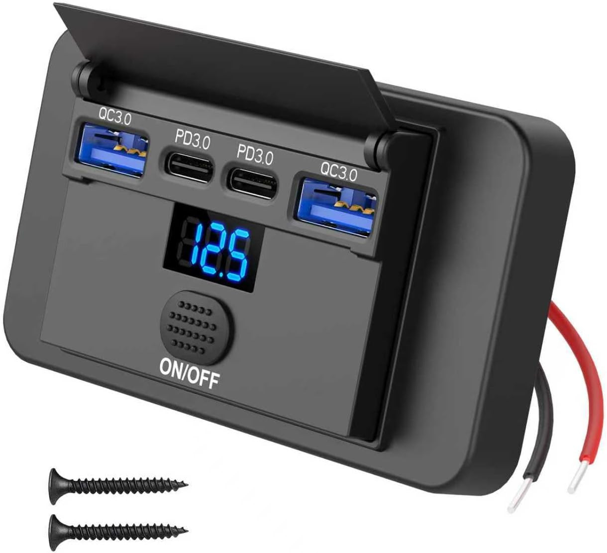 84W 4 Port 12V USB Outlet Surface Mount with Voltmeter, 36W PD and Dual 18W QC3.