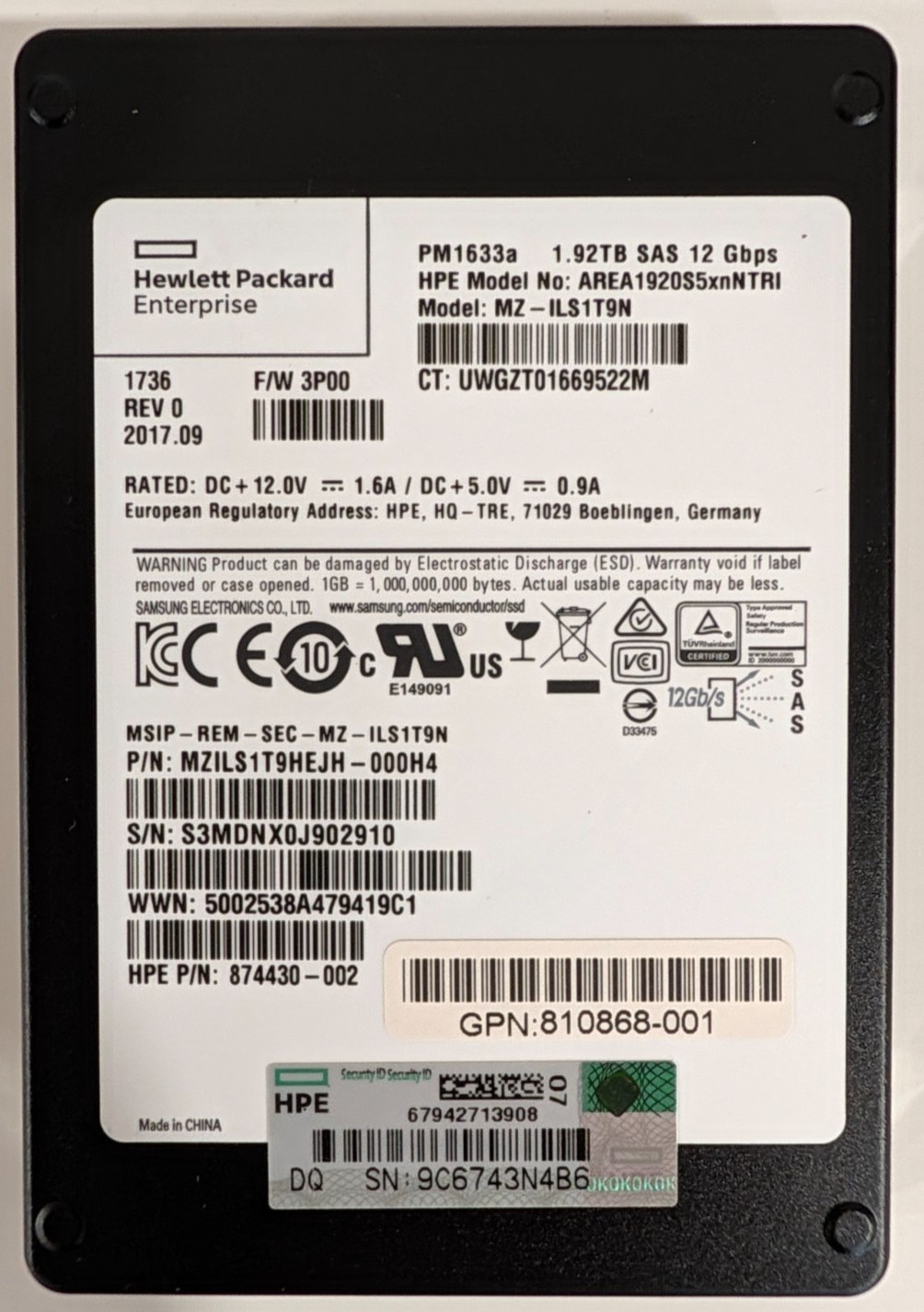 Samsung PM1633a 1.92TB 2.5" SAS 12G SSD MZ-ILS1T9N 512-Byte 90% Health Tested