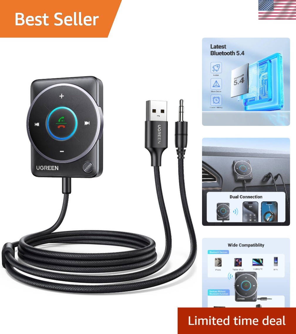 Noise-Cancelling Bluetooth 5.4 Aux Car Adapter with Durable Nylon Braided Cable