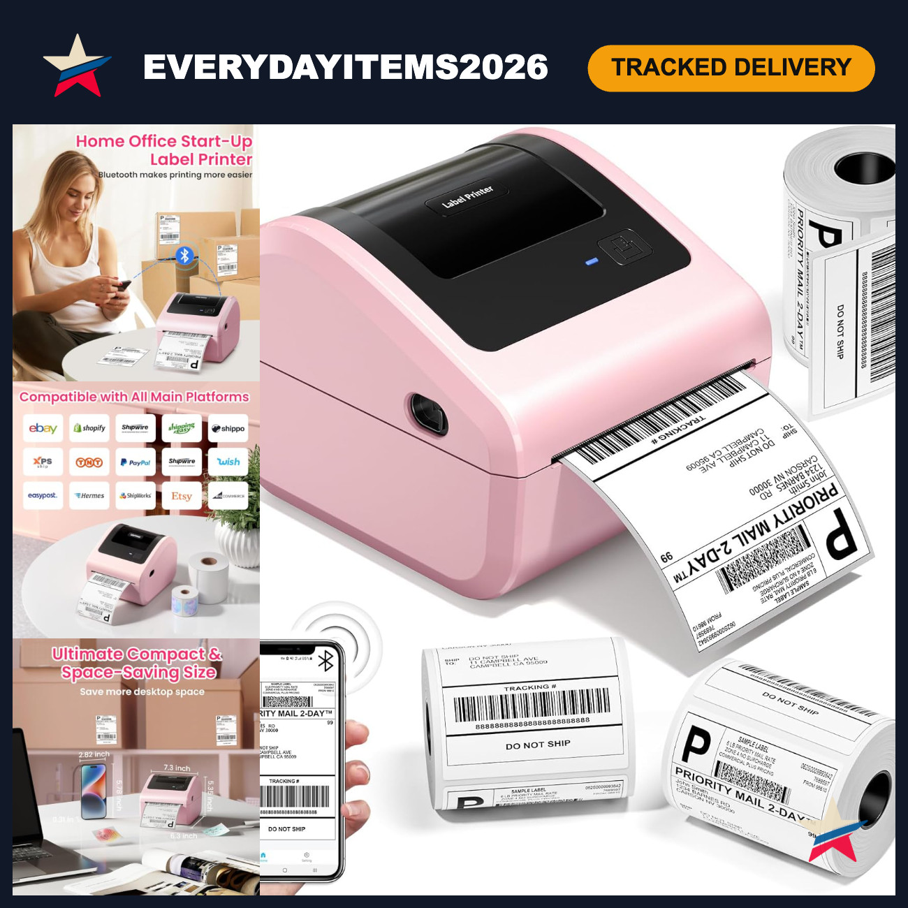 Portable Bluetooth Shipping Label Printer - Pink + 750 Labels for Easy Shipping