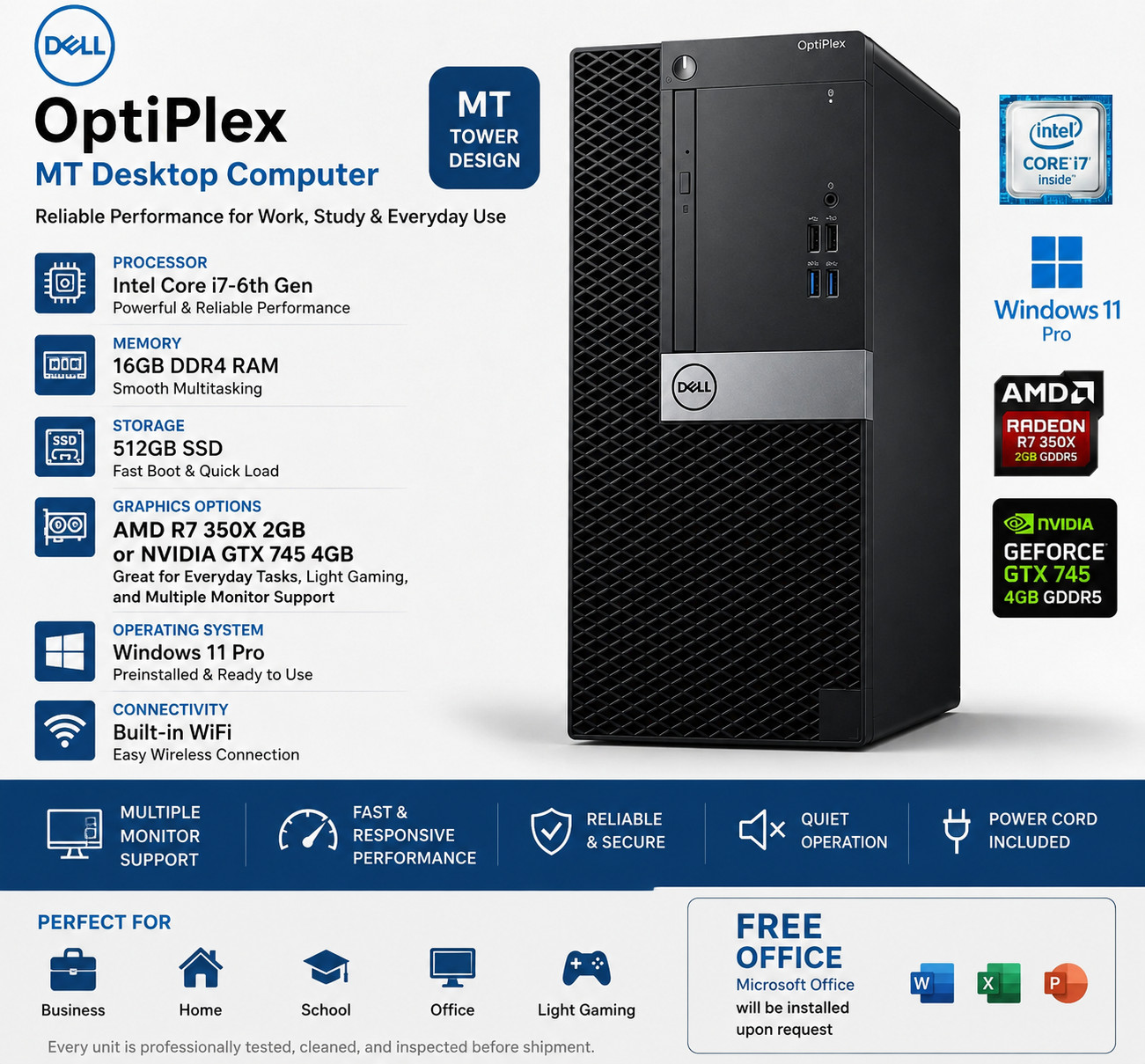 GAMING Dell i7 Desktop Computer PC AMD/NVIDIA 4GB 16GB RAM 512GB SSD Win11 WIFI