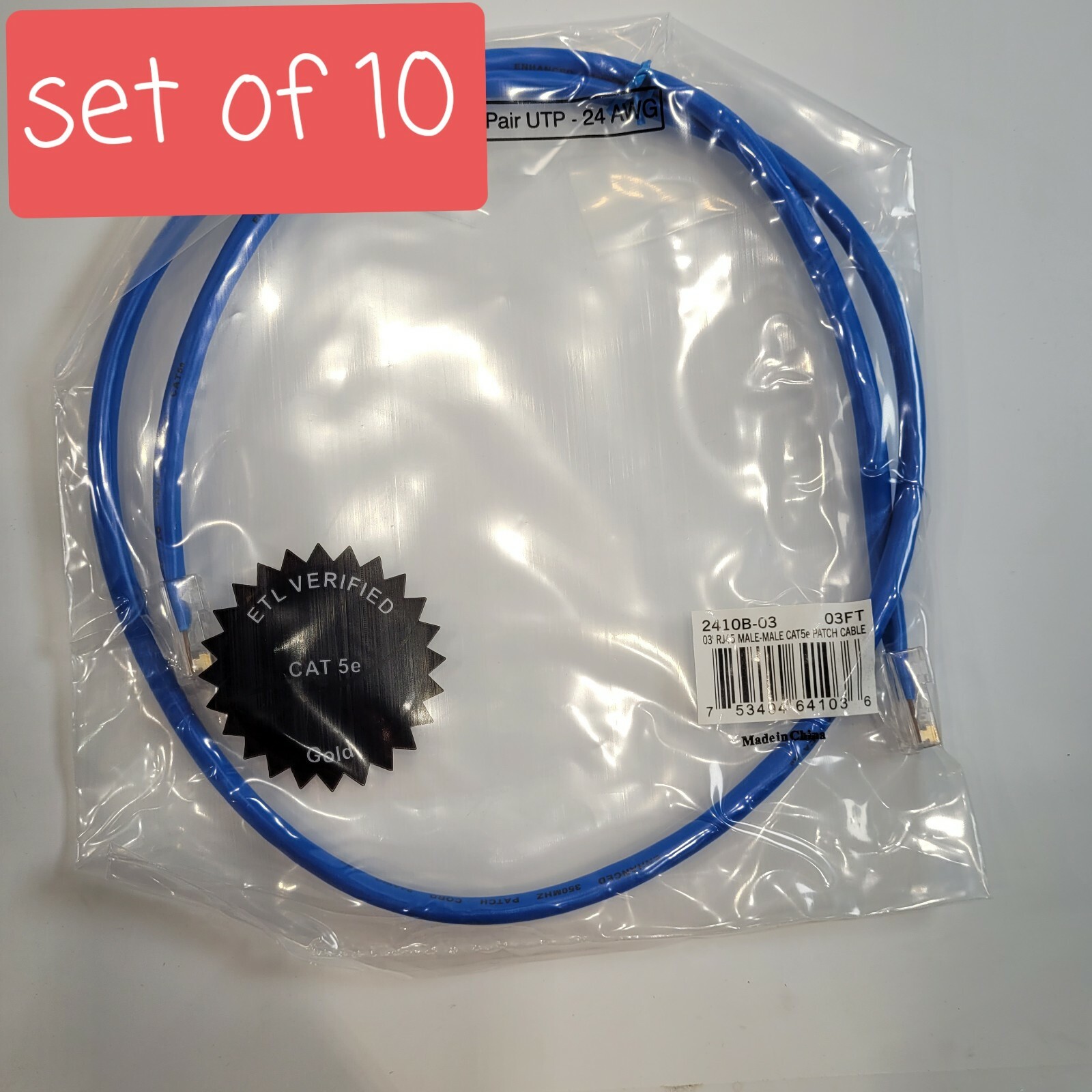 Set of 10 Network Patch Cables 3 FT CAT5E Male Male Blue 350MHZ Non-Booted RJ45 