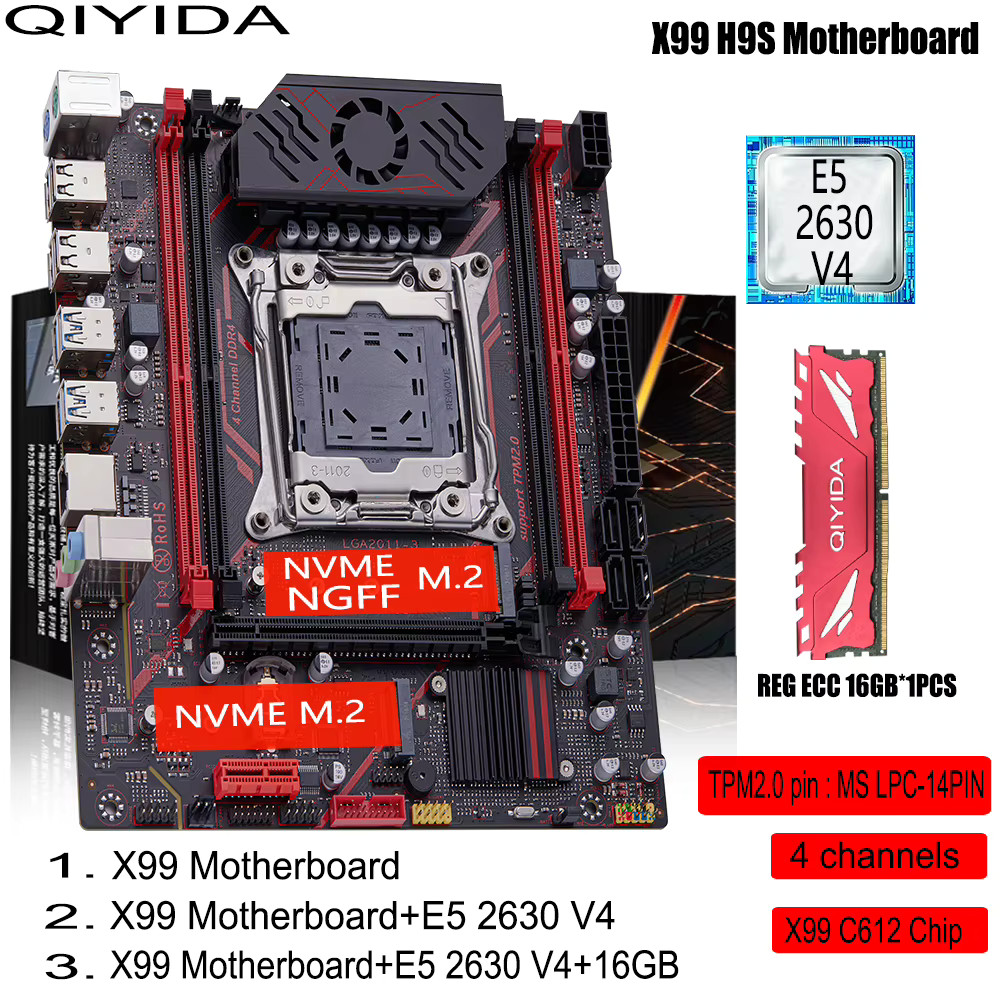 QIYIDA X99 H9S Motherboard Set Kit With LGA2011-3 Xeon E5 2630 V4 CPU DDR4 16GB