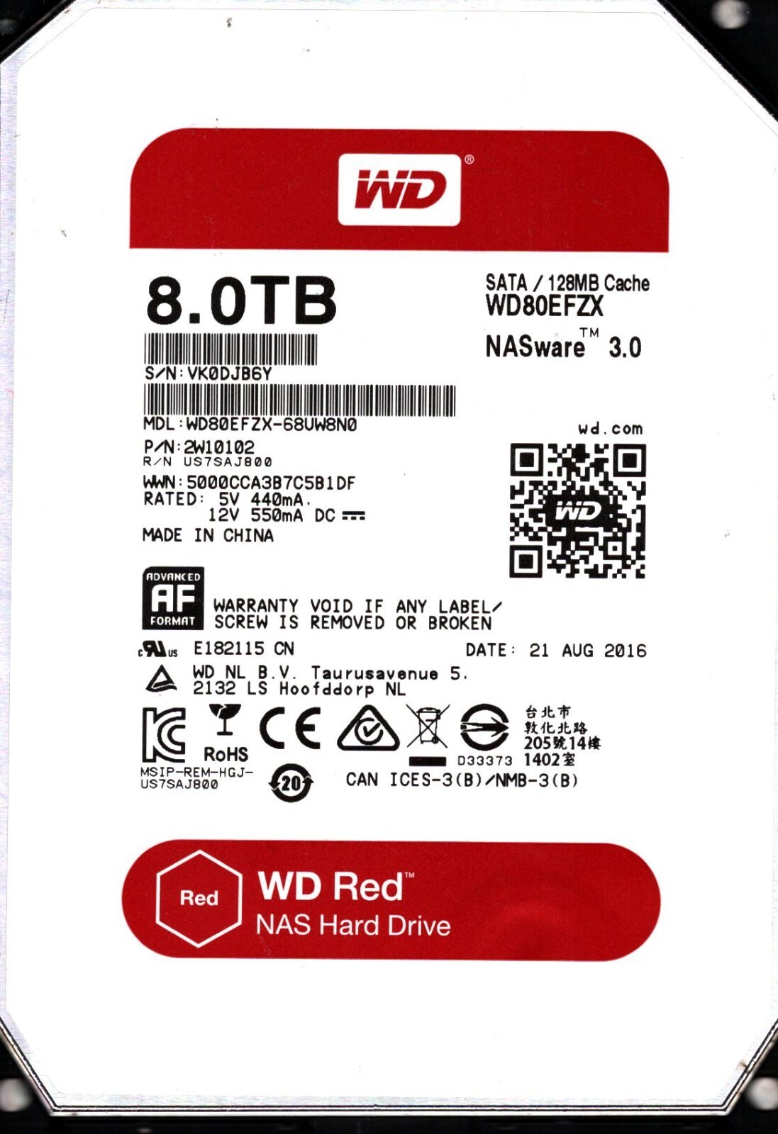 WD80EFZX-68UW8N0  P/N: 2W10102 WESTERN DIGITAL 8TB CHINA AUG 2016