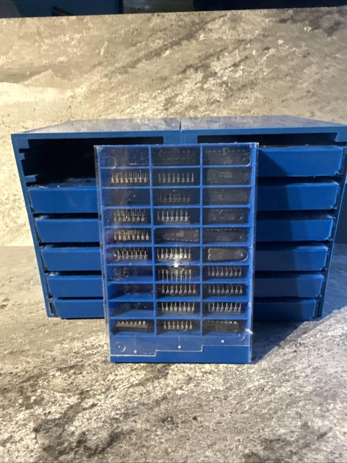 Vintage TTL IC Chip Lot  Logic Chips w Bug Box Organizers (One Bug Box Empty)