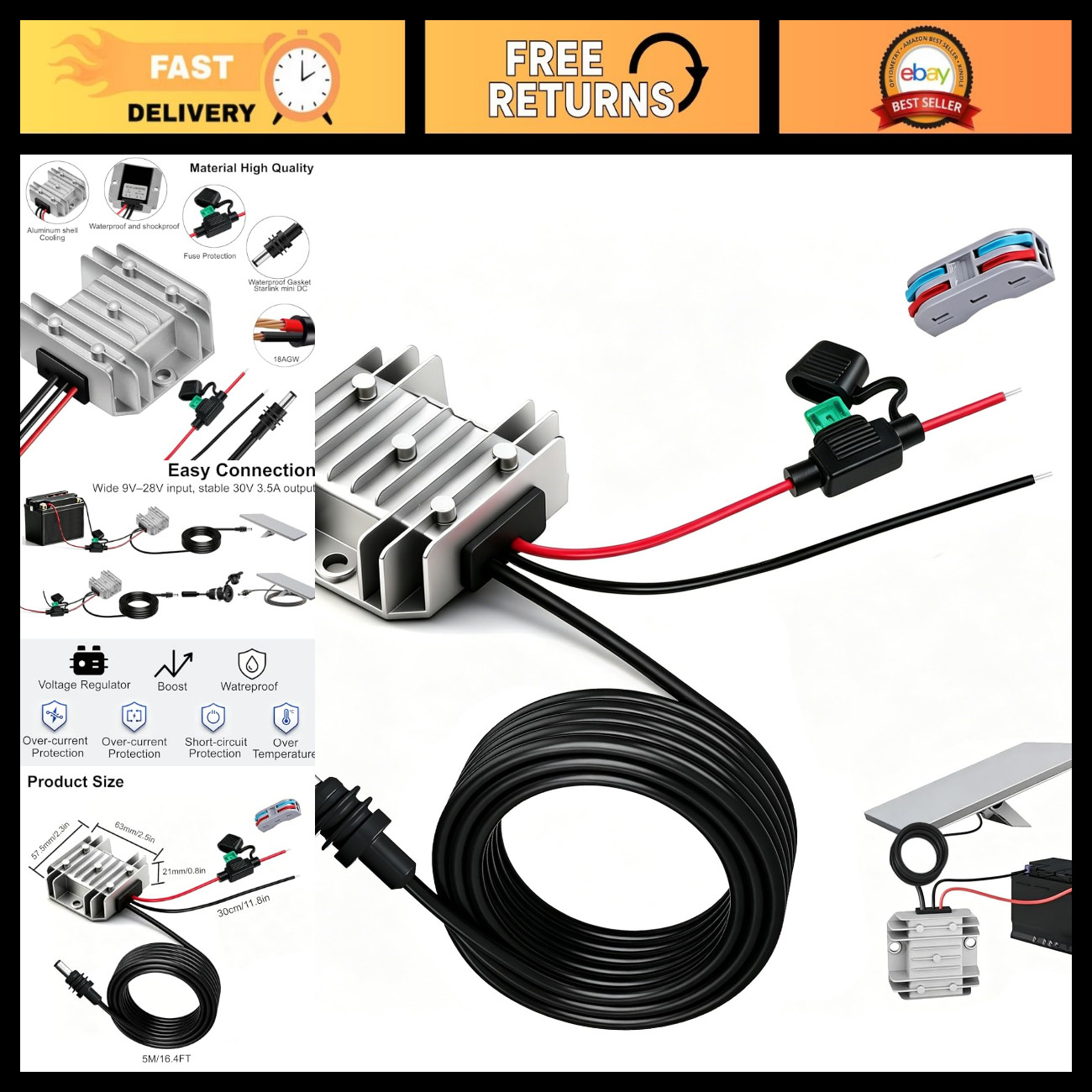 12V 24V to 30V DC Step Up Converter Power Supply Cable 16.4FT Waterproof for RV