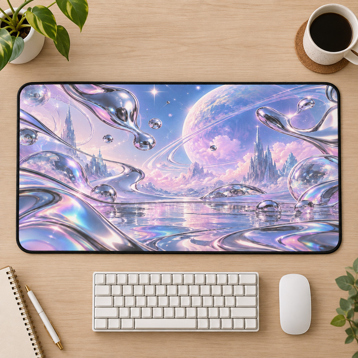 Pastel Cosmic Desk Mat & Mouse Pad, Iridescent Space Office Decor