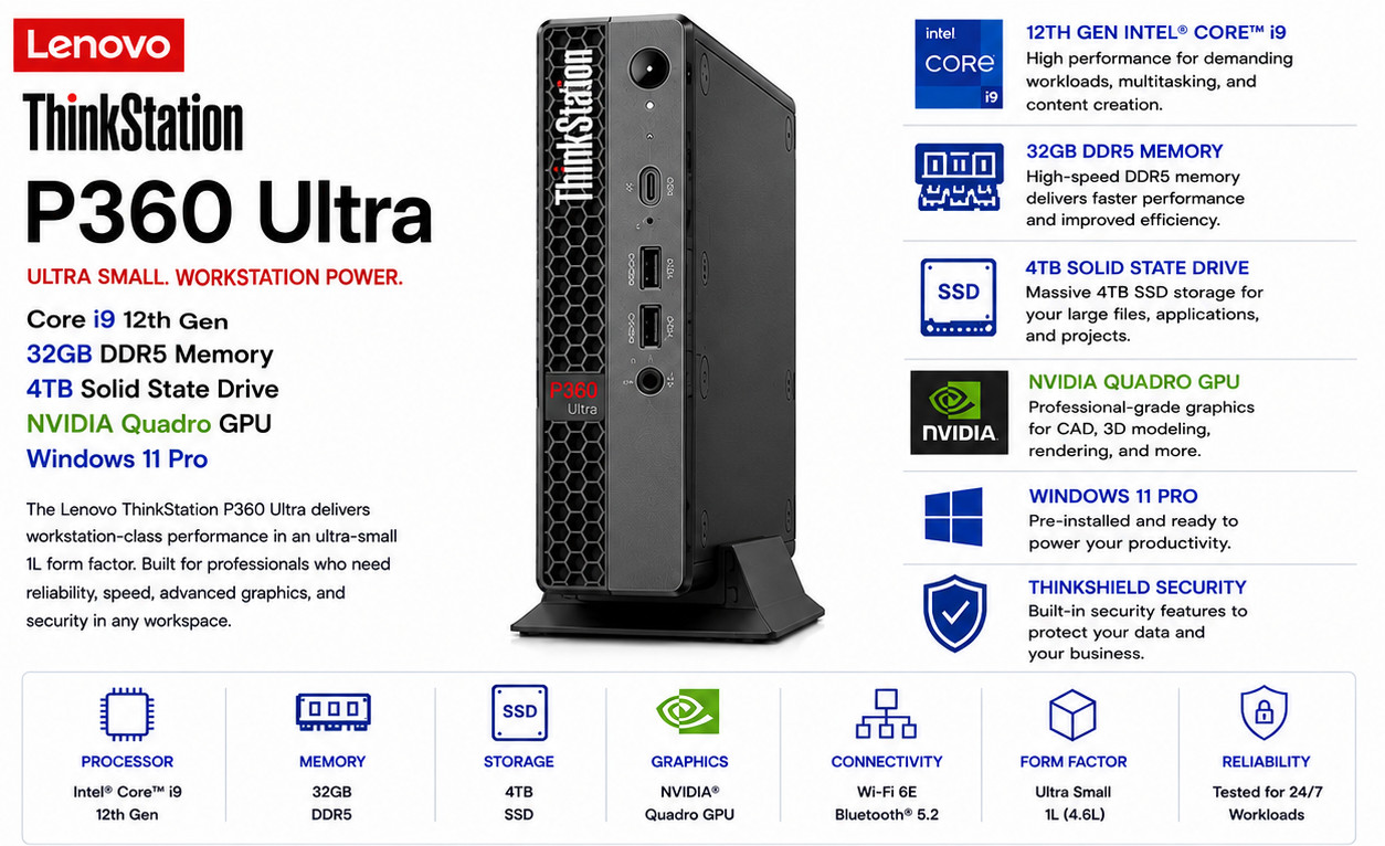 NEW Lenovo ThinkStation P360 Ultra Core i9 32GB DDR5 4TB SSD NVIDIA GPU W11Pro