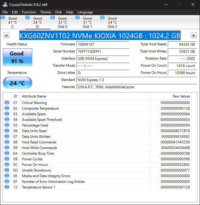 Kioxia M.2 KXG60ZNV1T02 Gen3 4 Lanes