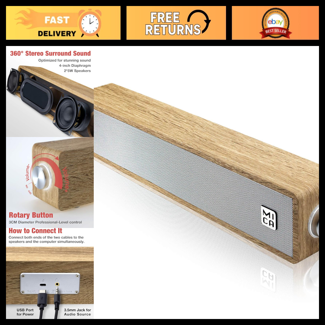 Vintage Wired Computer Speakers, Retro Wooden Mini Soundbar, USB Powered, 3.5mm