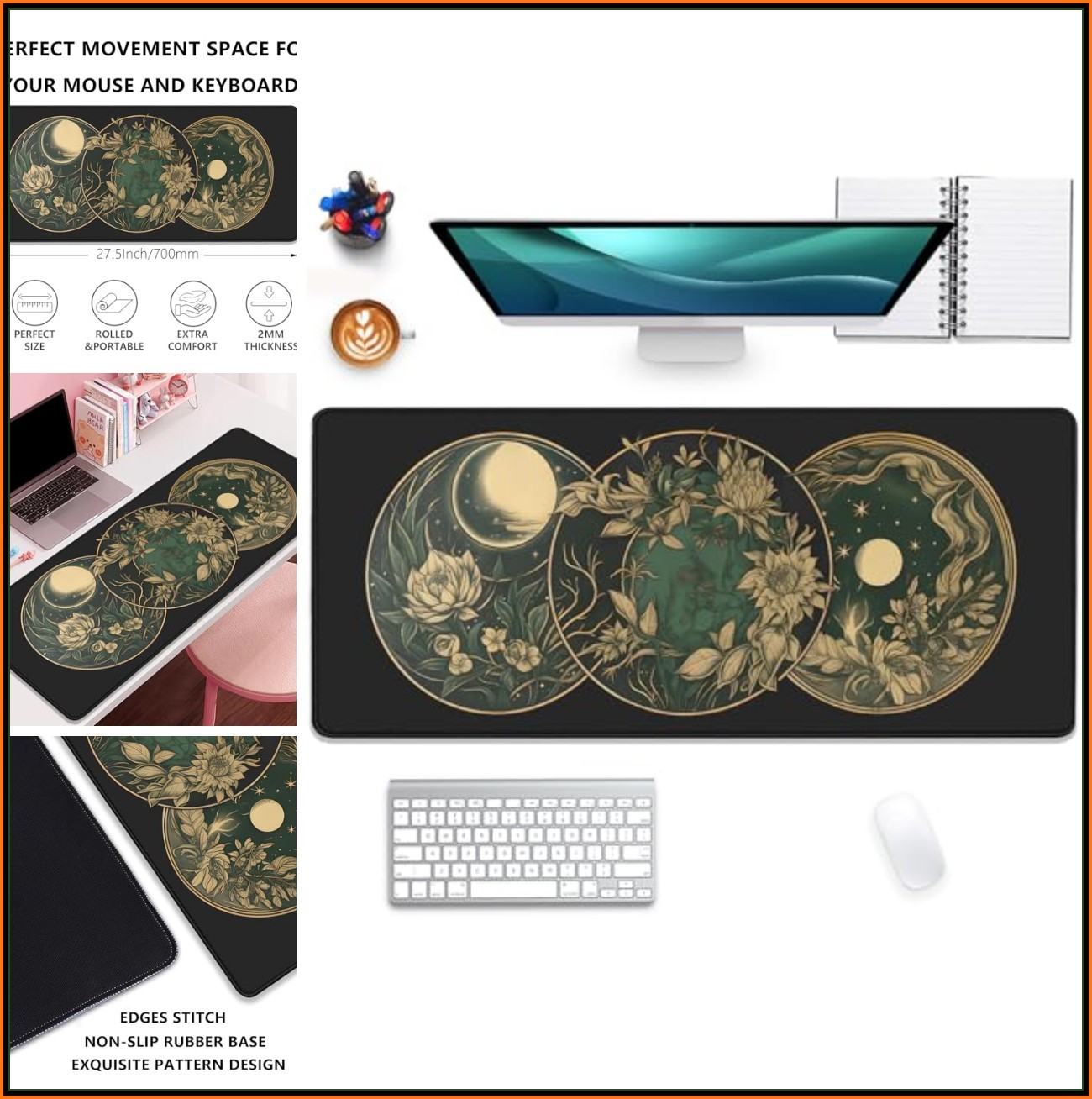Celestial Moon Phases Extended Mouse Pad 27.5x11.8 Waterproof Rubber Base