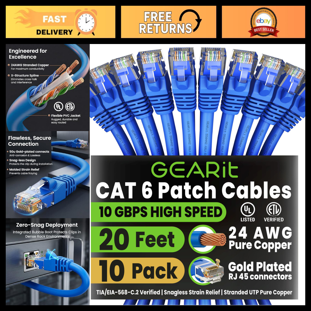 20ft Cat6 Ethernet Patch Cable 10-Pack - High-Speed Network Cables, Blue