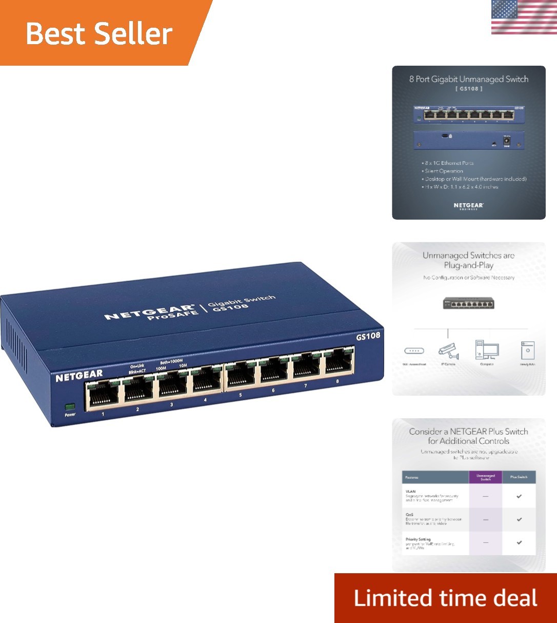 Netgear 8-Port Gigabit Ethernet Network Switch - Unmanaged & Plug-and-Play