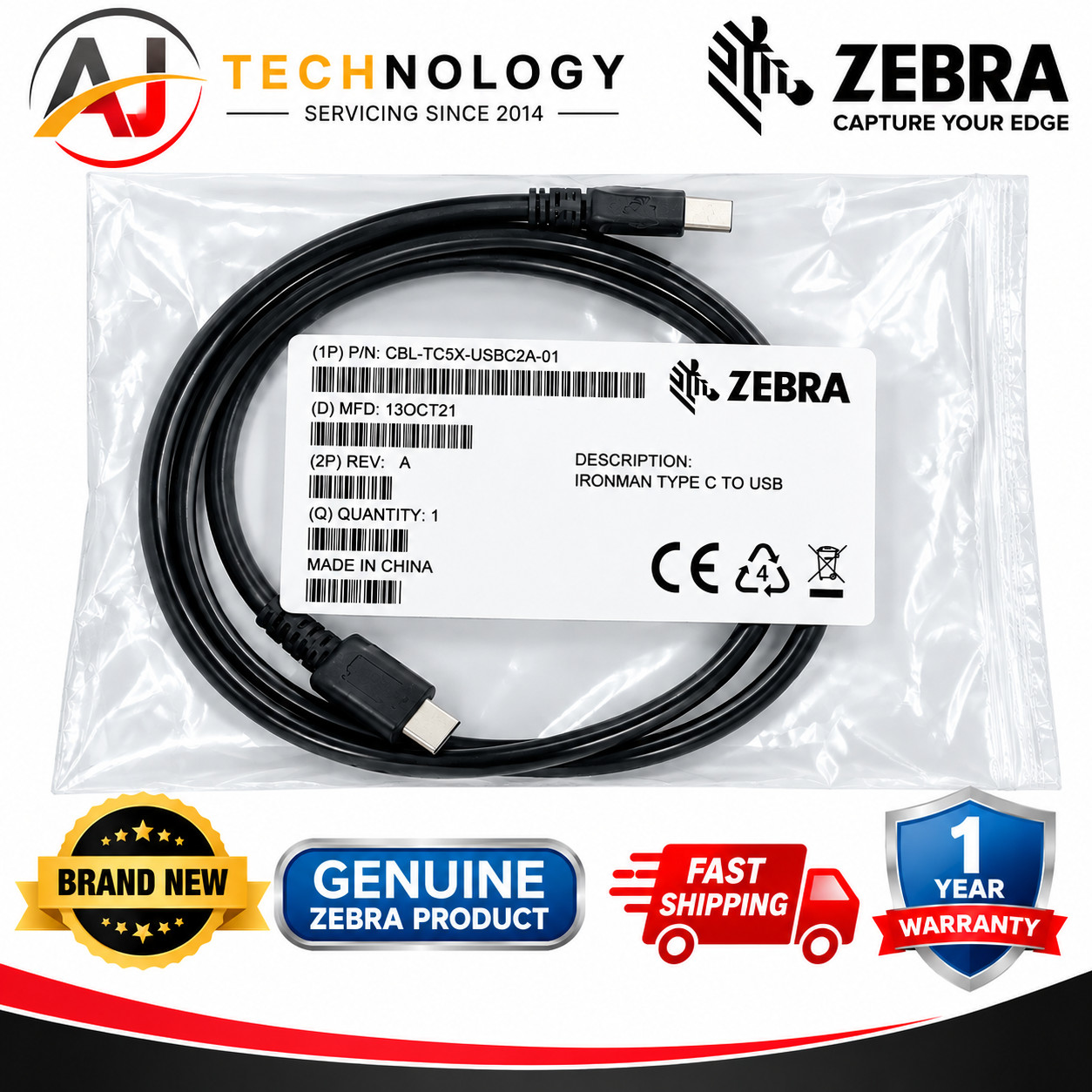 Zebra CBL-TC5X-USBC2A-01 USB-C to USB-A Charging & Data Cable 1M Genuine Cable