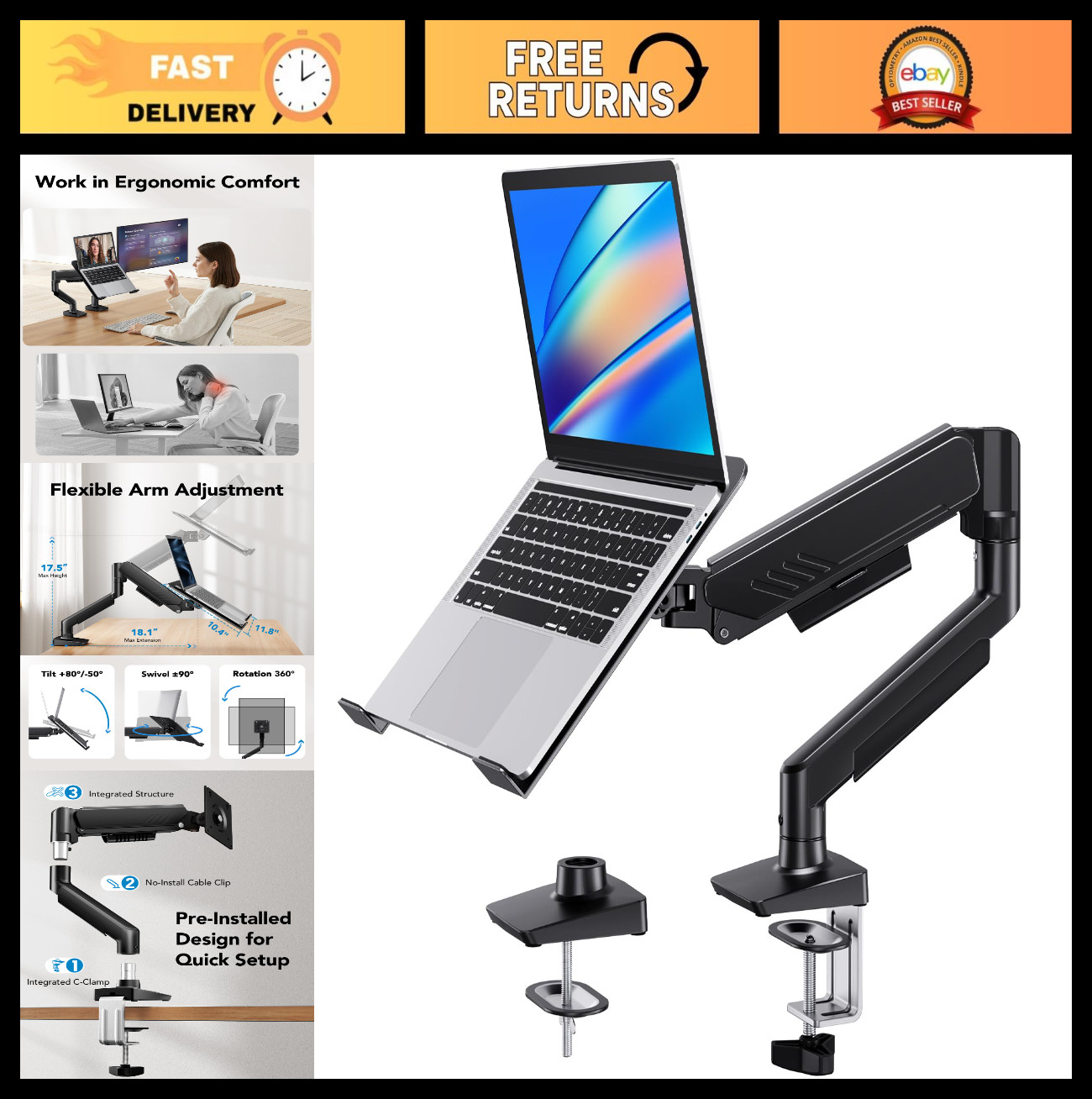 Ergonomic 2-in-1 Laptop Mount & Tray, Fits 13-34" Monitors, Full Motion Adjustab