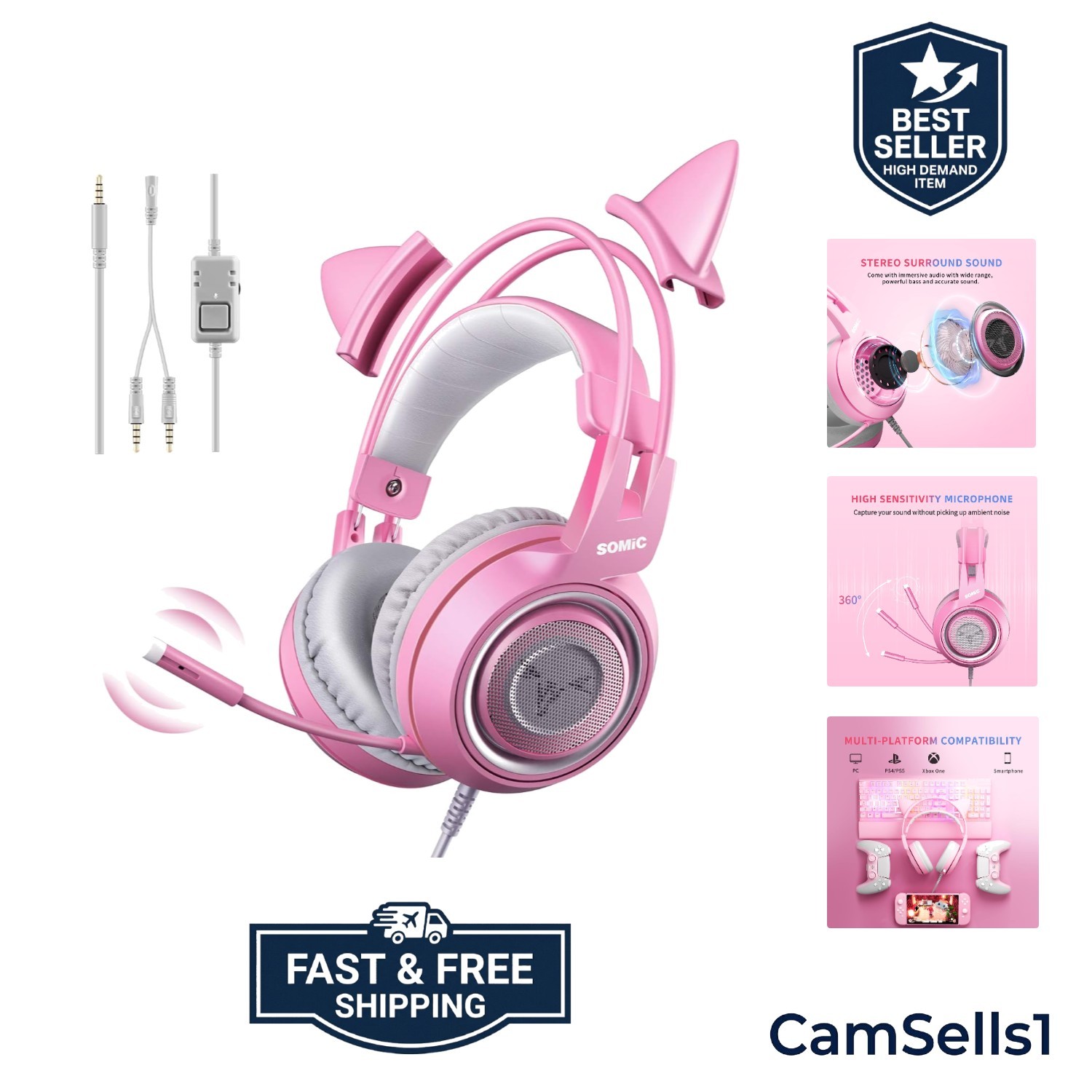 Stylish Pink Cat Ear Gaming Headset with Noise Reduction - For PS4, Xbox, PC