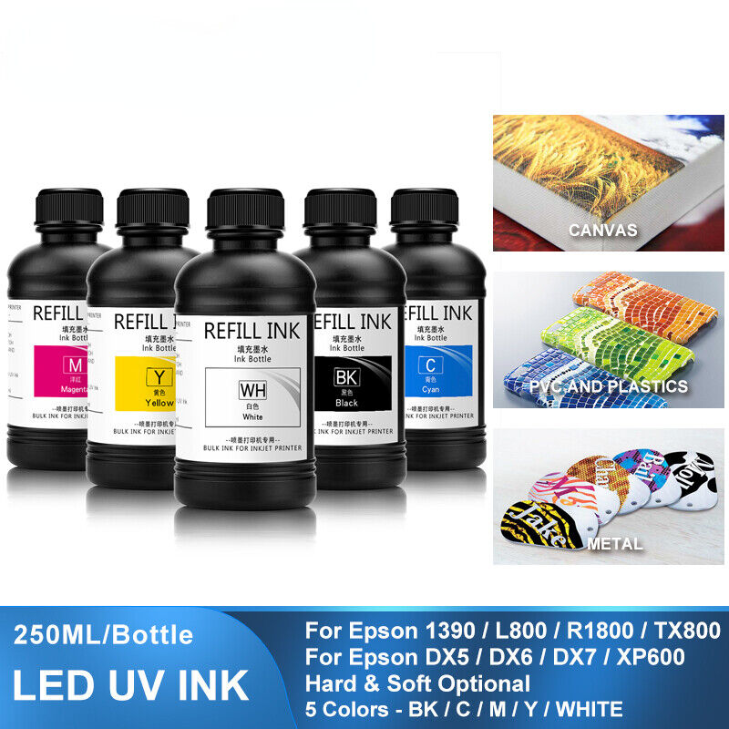 5×250ML LED UV Ink For DX4 DX5 DX6 DX7 DX10 TX800 XP600 Printhead
