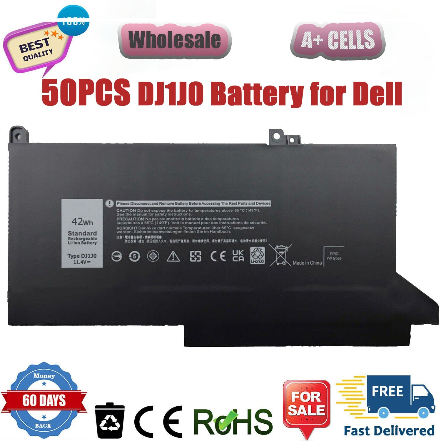 50PCS NEWEST DJ1J0 BATTER FOR DELL Latitude 12 7280 7290 13 7380 7390 14 7480