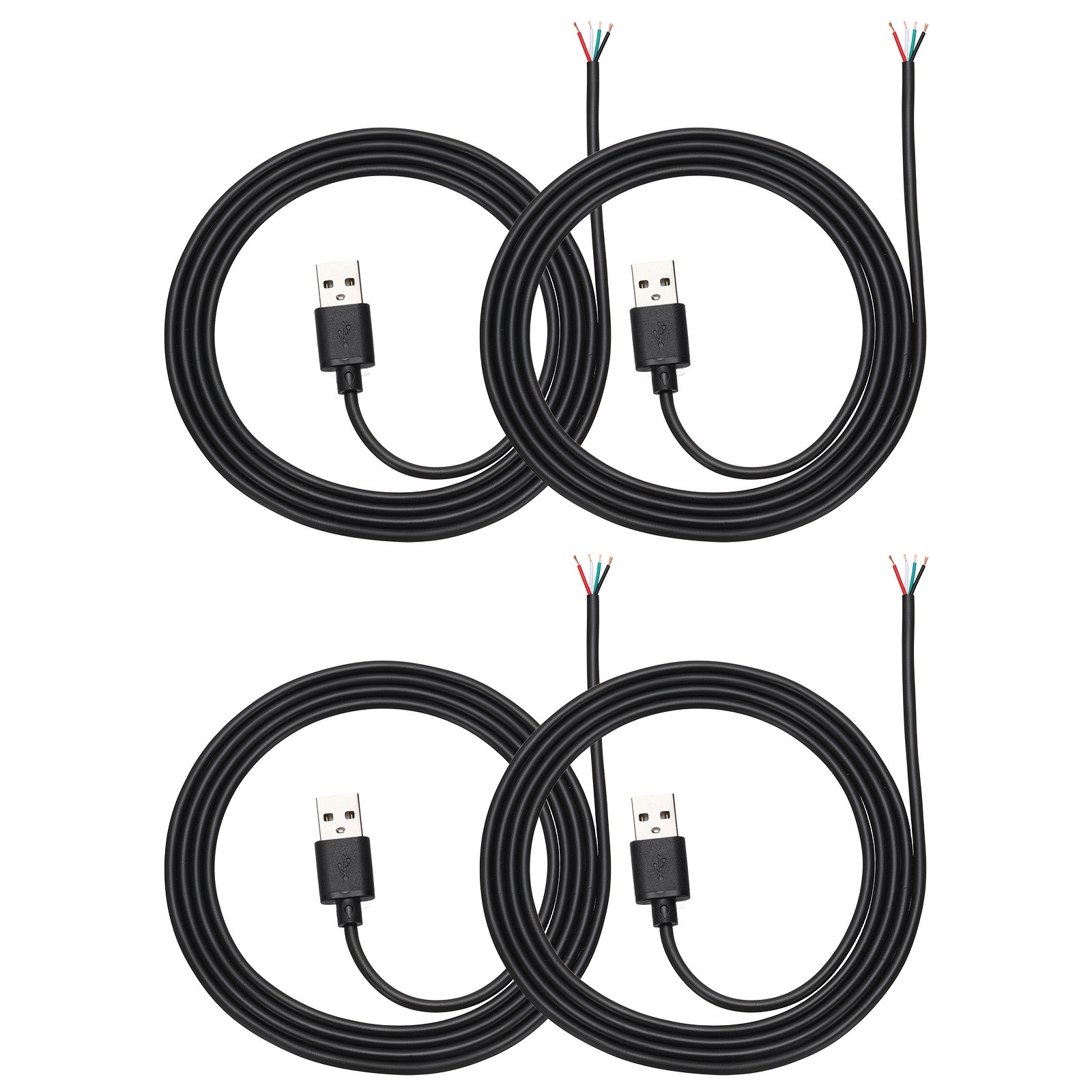 4Pcs 1m/3.28Ft USB Pigtail Cable, 5V 2.4A USB A to 4 Pin Bare Wires, Black