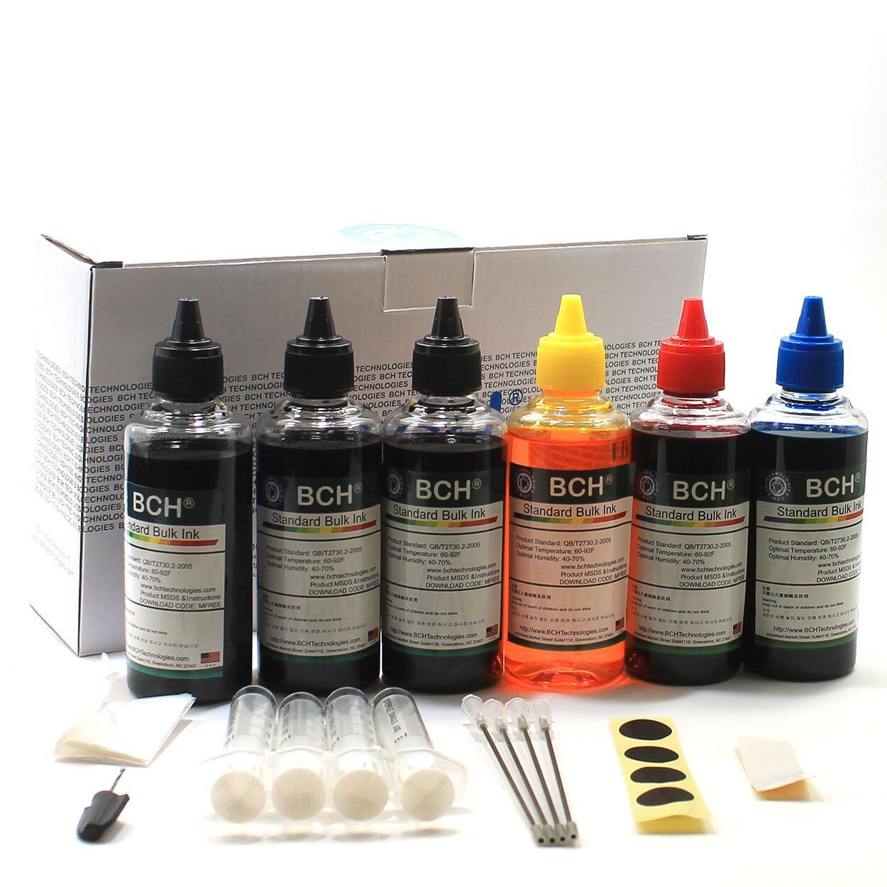 BCH Refill Ink for Inkjet Printer Cartridges Bulk 4-Color Kit with Color and Tri