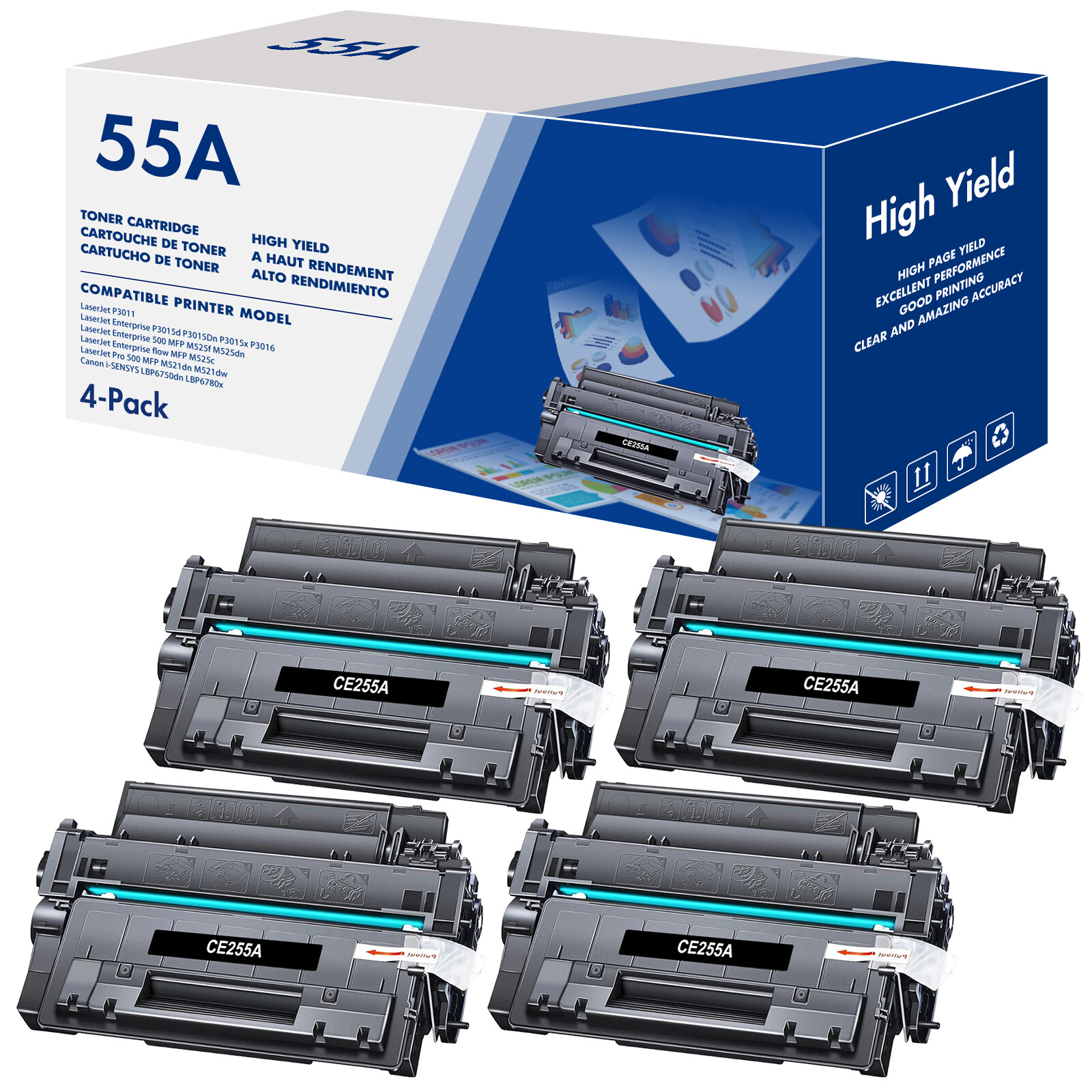 4Pack CE255A Toner Cartridge For HP 55A LaserJet Enterprise flow MFP M525c M525f