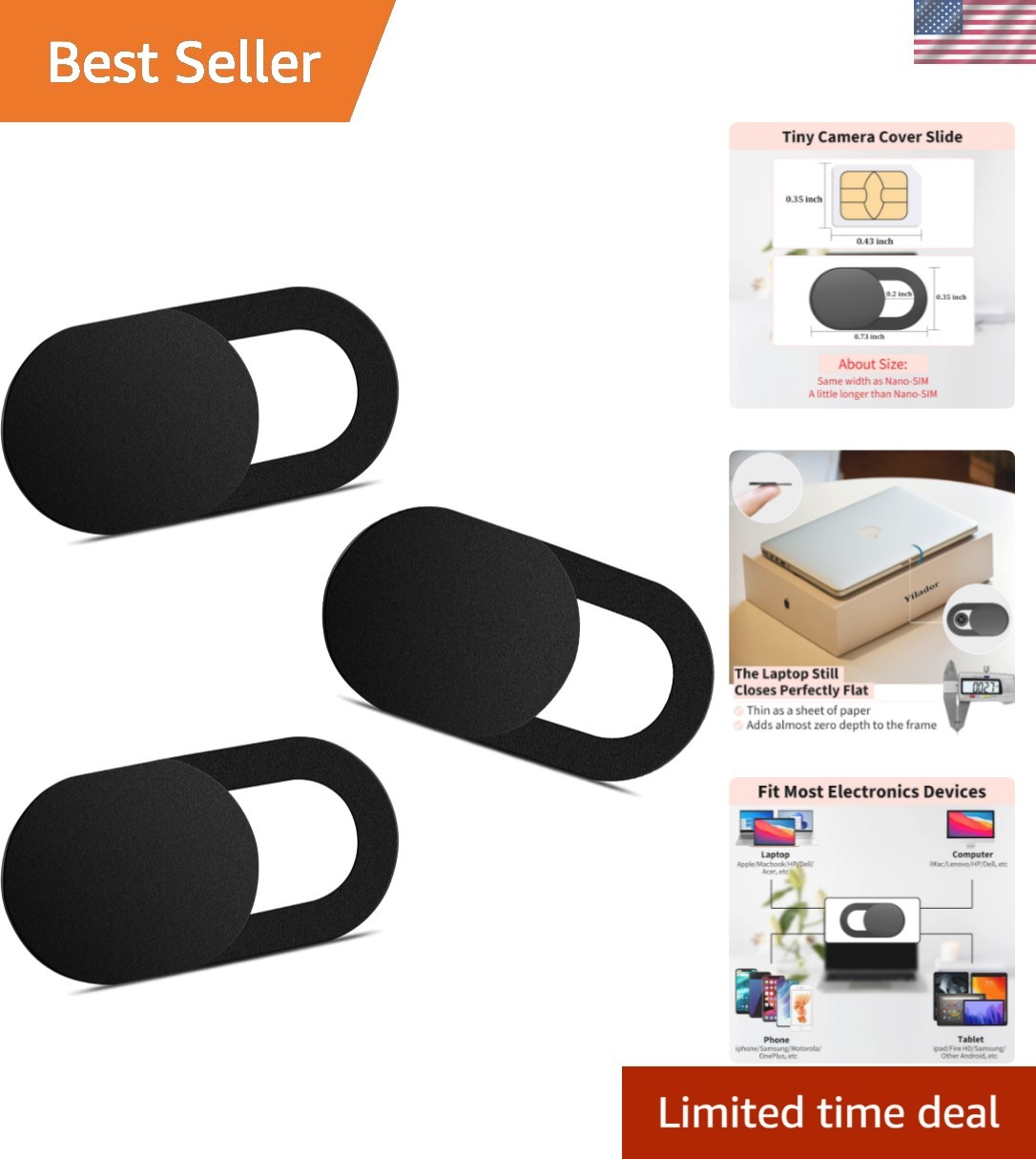 Yilador 3-Pack Ultra-Thin Webcam Covers for Privacy Protection - 0.03 Inch
