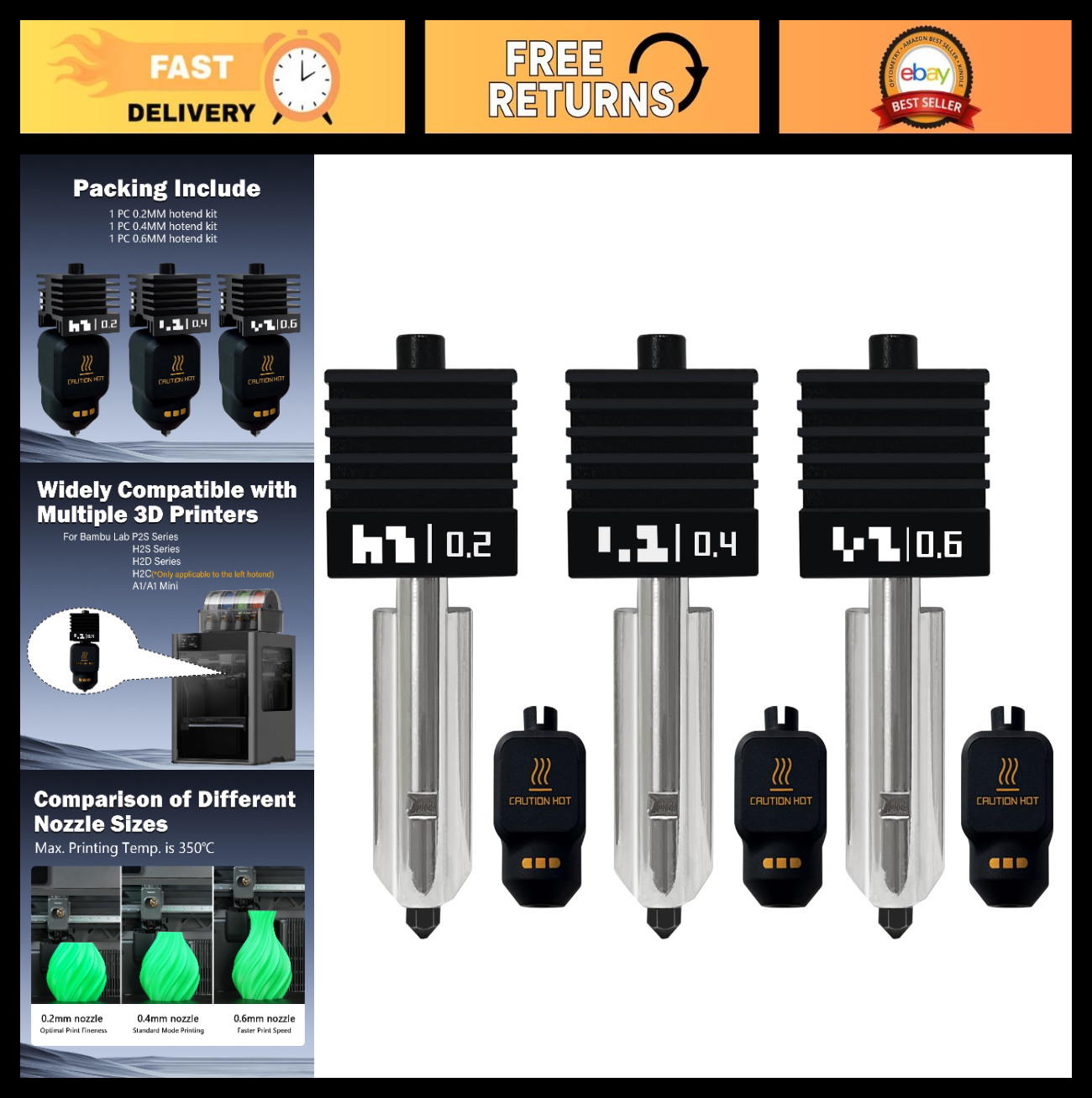 3PK Hotend Nozzles 0.2/0.4/0.6mm | Quick Swap Hardened Steel, High Speed, Anti-C