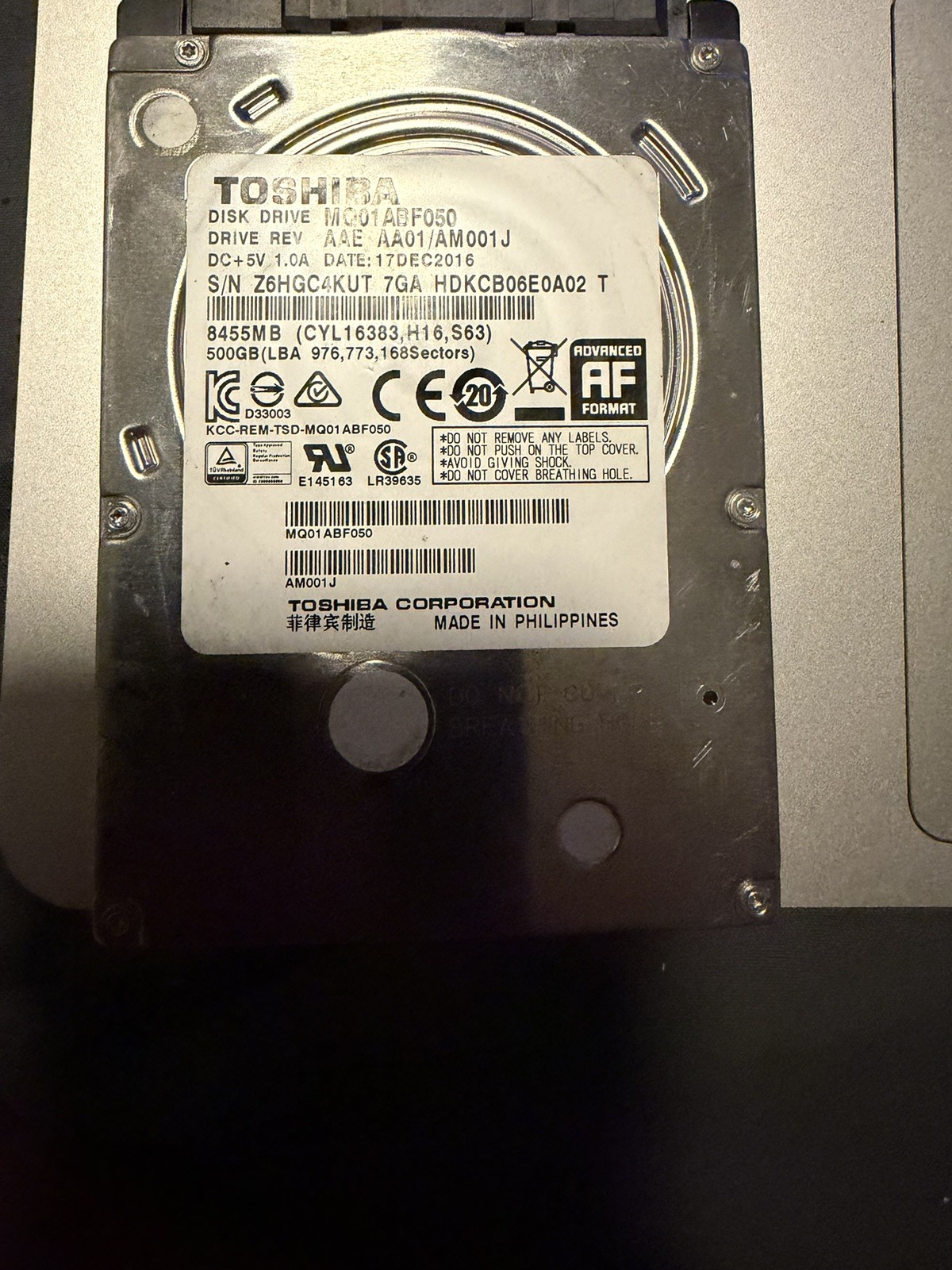 TOSHIBA 2Y22D 500GB 2.5" LAPTOP HARD DRIVE MQ01ABF050 5400RPM(HDD00010)
