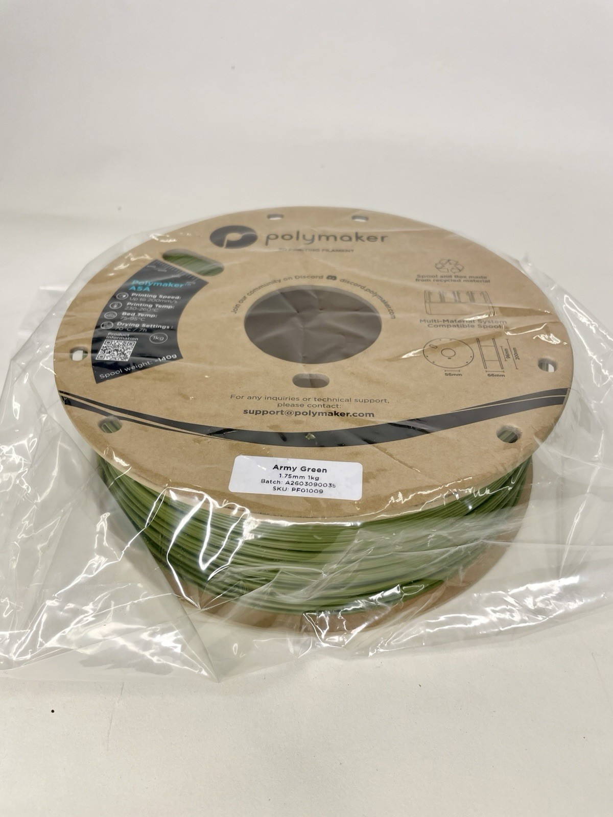 Polymaker PolyLite ASA 1.75mm 3D Printer Filament – Army Green (1kg) Open Unused