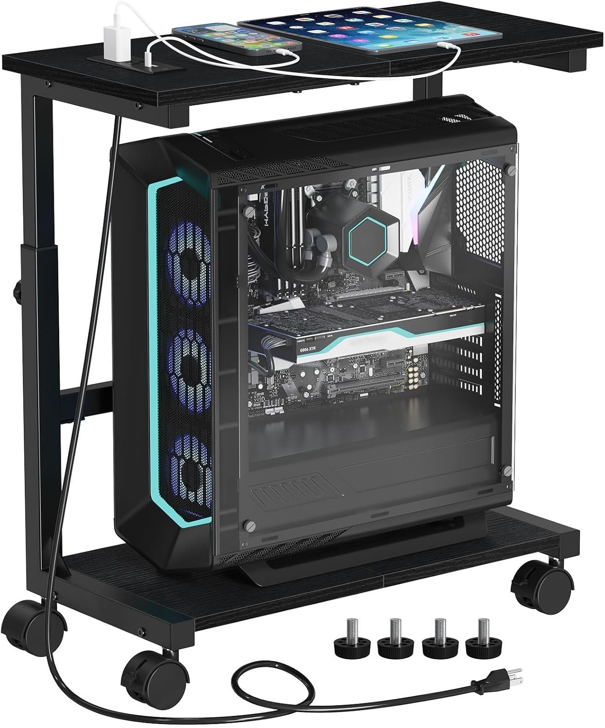 Computer Tower Stand with Charging Station, 25.0"-32.1" Height Adjustable PC..