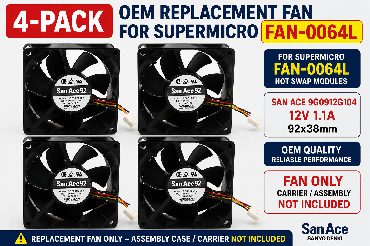 4-Pack OEM Replacement for Supermicro FAN-0064L Hot Swap Fan Module 9G0912G104