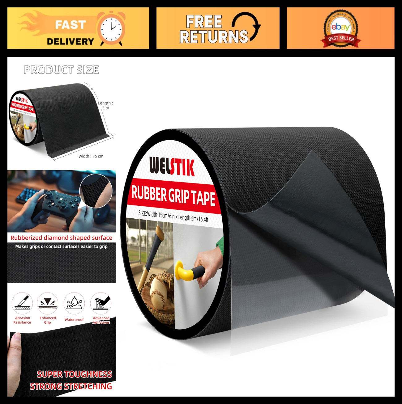 Ultra Strong Waterproof Anti-Slip Rubber Grip Tape, Textured Adhesive, 6"x16.5'