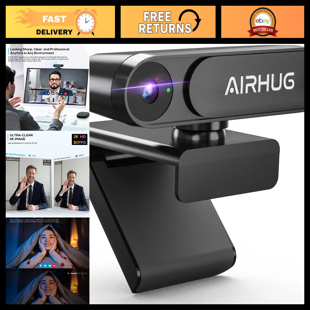 High-Definition 2K USB Webcam with Privacy Cover - No Microphone, Computer Camer